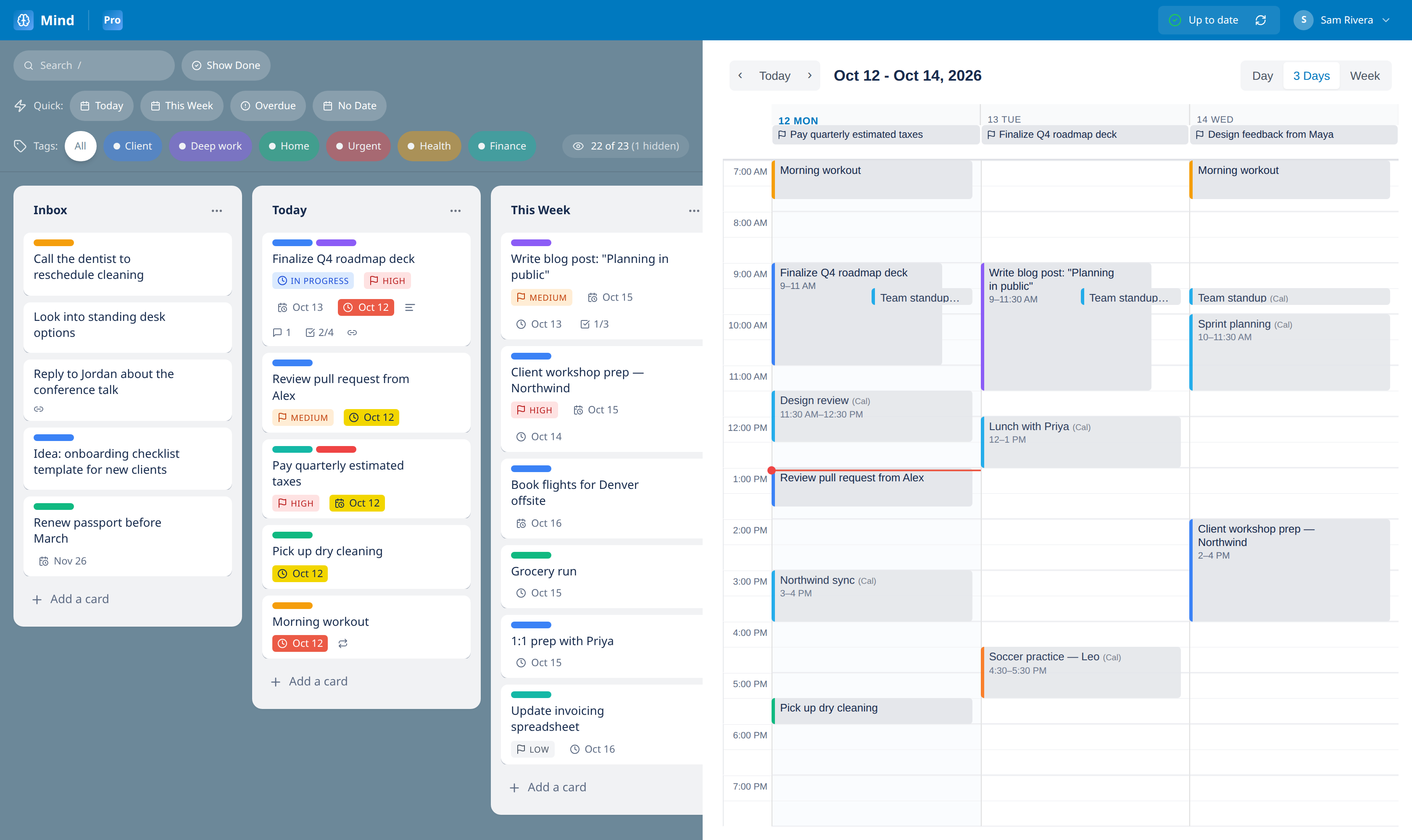 A Kanban board with Inbox, Today and This Week lists next to a three-day calendar