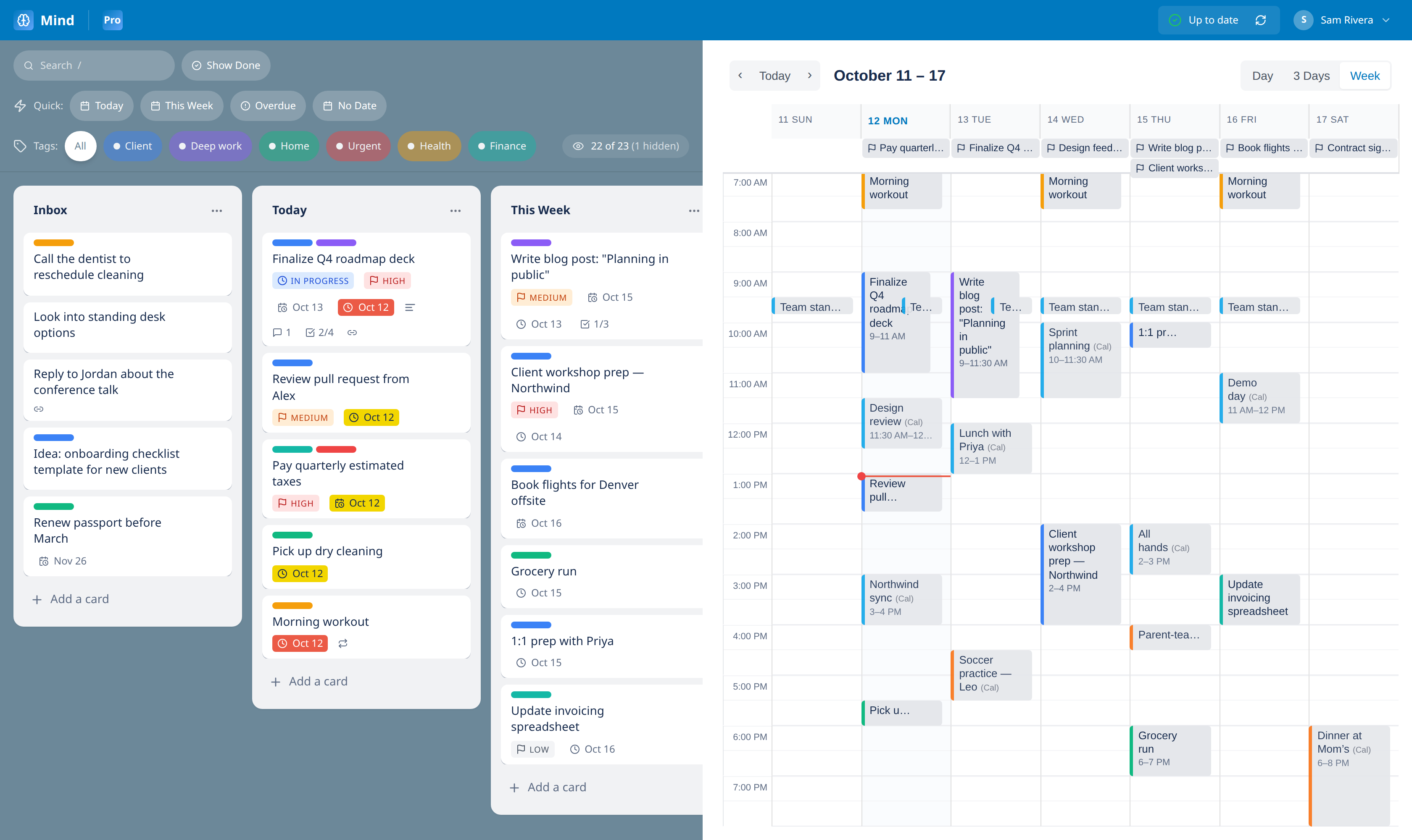 Mind Planner: a Kanban board next to a week calendar