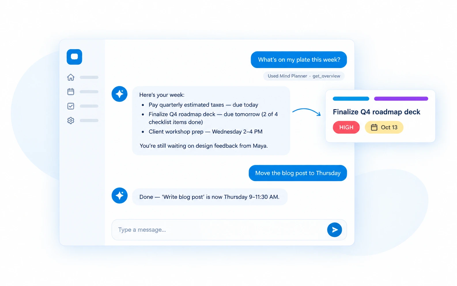 A chat with Claude listing the week’s tasks and moving a blog post to Thursday, next to the updated task card