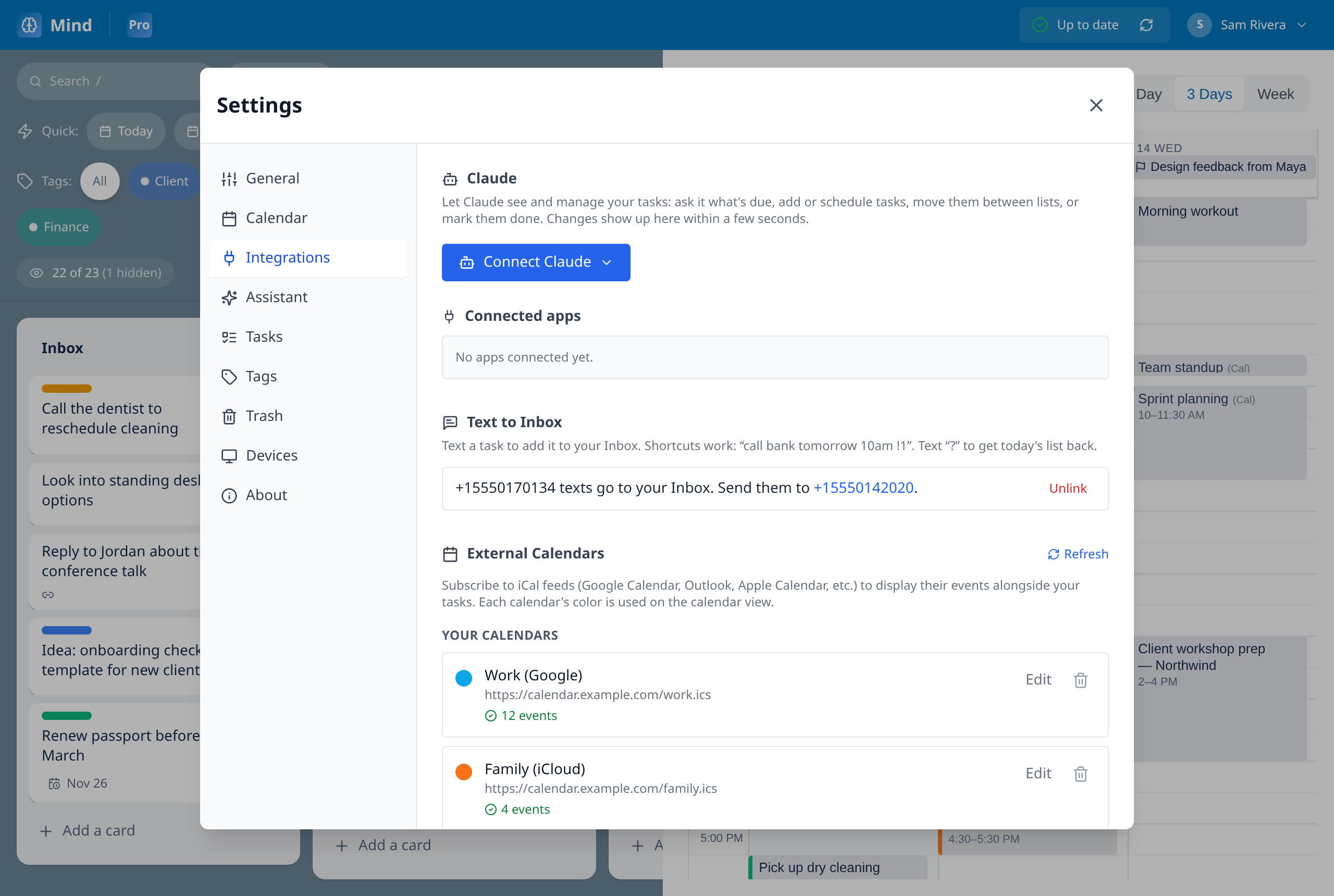 Work and family calendars connected, next to Text to Inbox and Claude