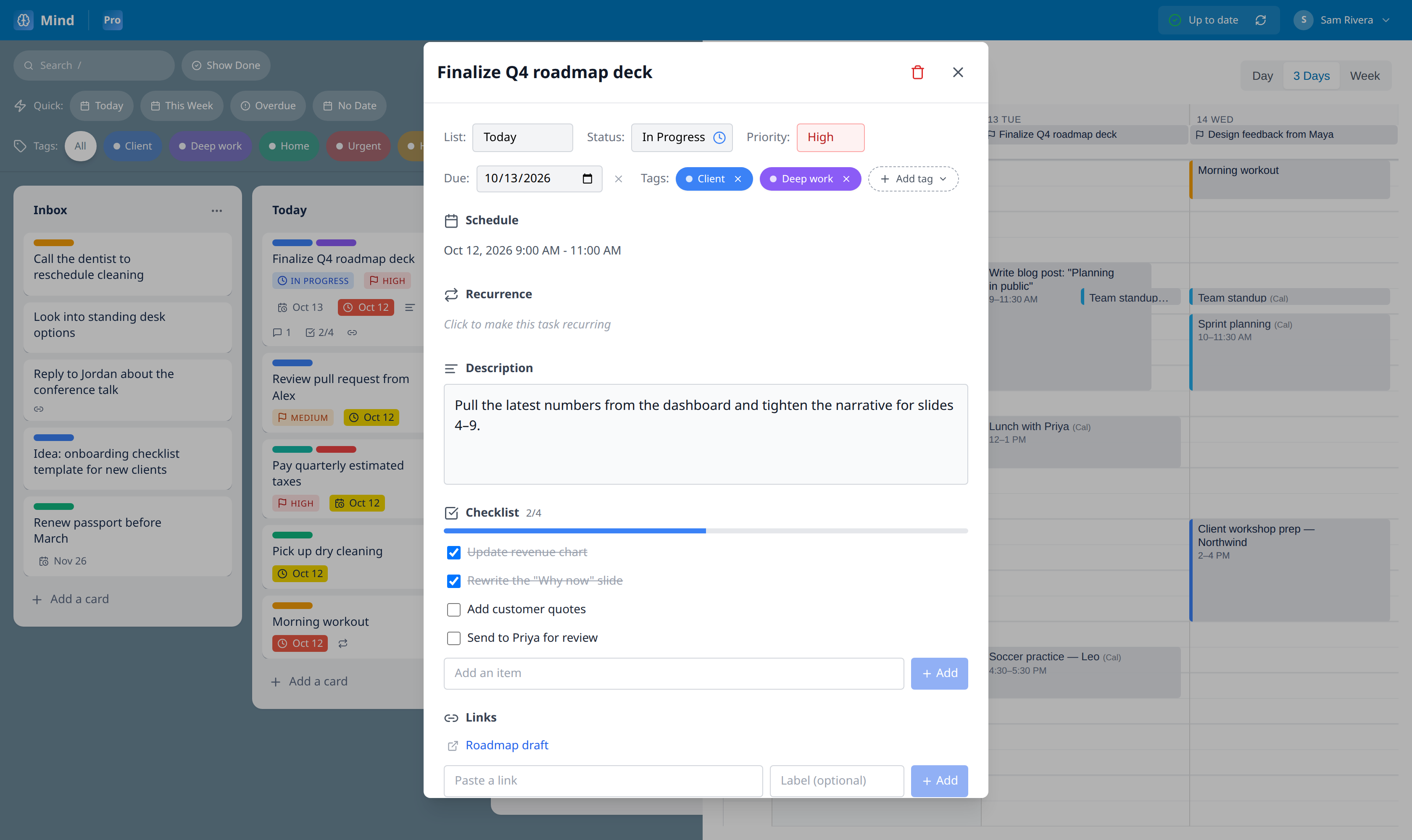 A task with priority, due date, tags, description and a half-done checklist